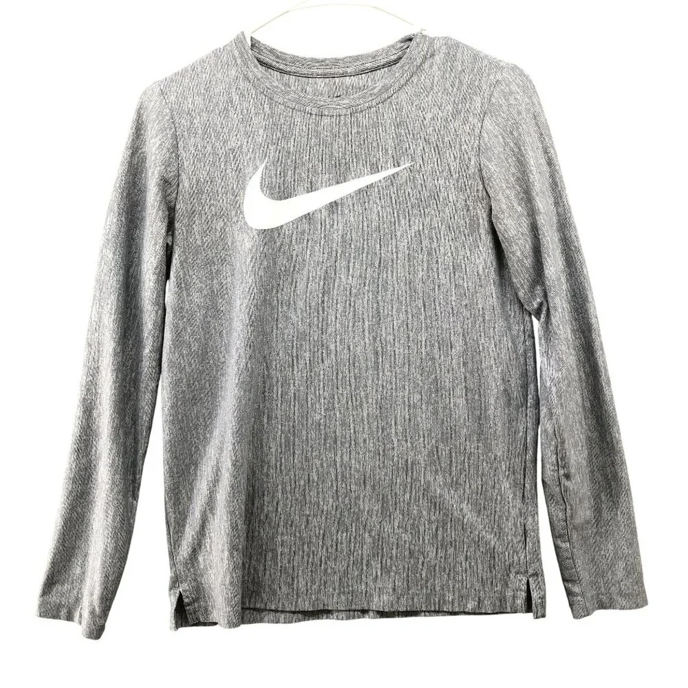 Nike Youth XL Long Sleeve Active T Shirt Gray Crewneck‎ Swoosh Logo Dri Fit